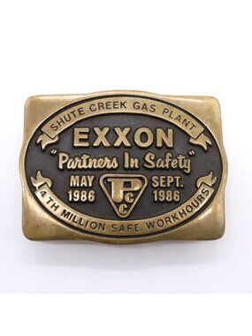 Exxon Shute Creek Wyoming Brass Belt Buckle Gas Plant Safety Vtg 80s